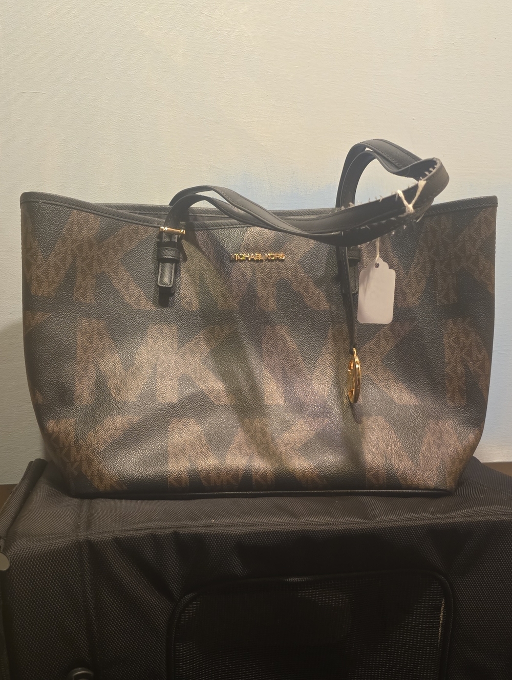 Michael Kors Brown and Black Monogram Tote with Gold Hardware
